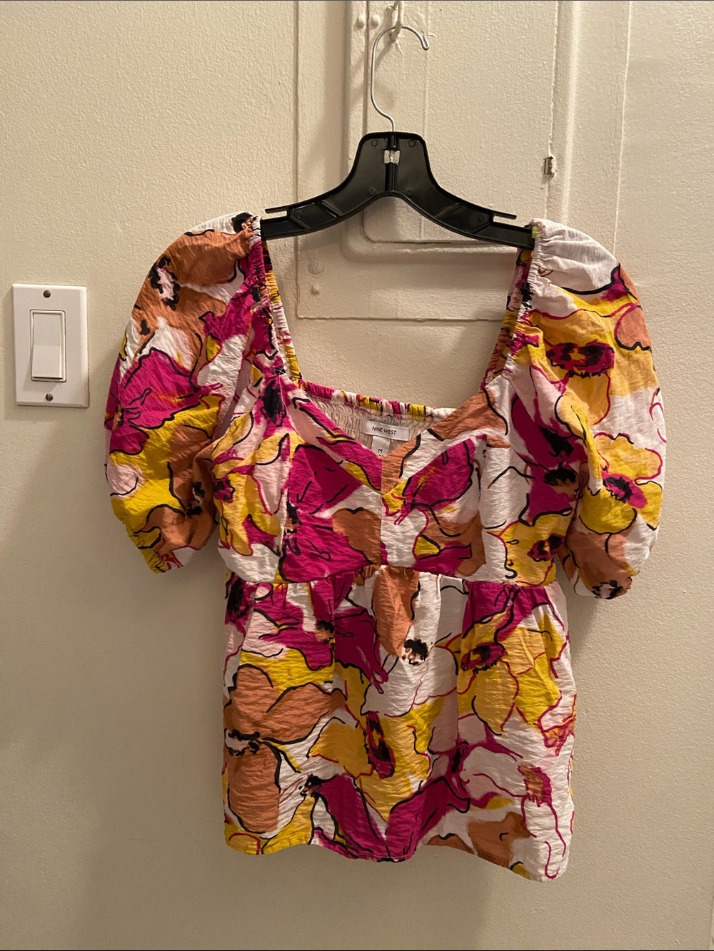 Nine West Floral Square-Neck Puff Sleeve Blouse in Pink, Yellow & Cream